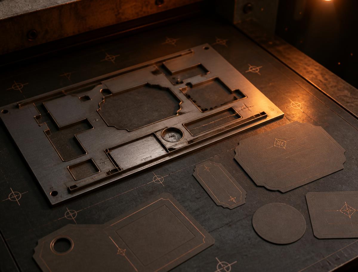 Steel rule die-cutting plate with cut paper shapes on a press bed