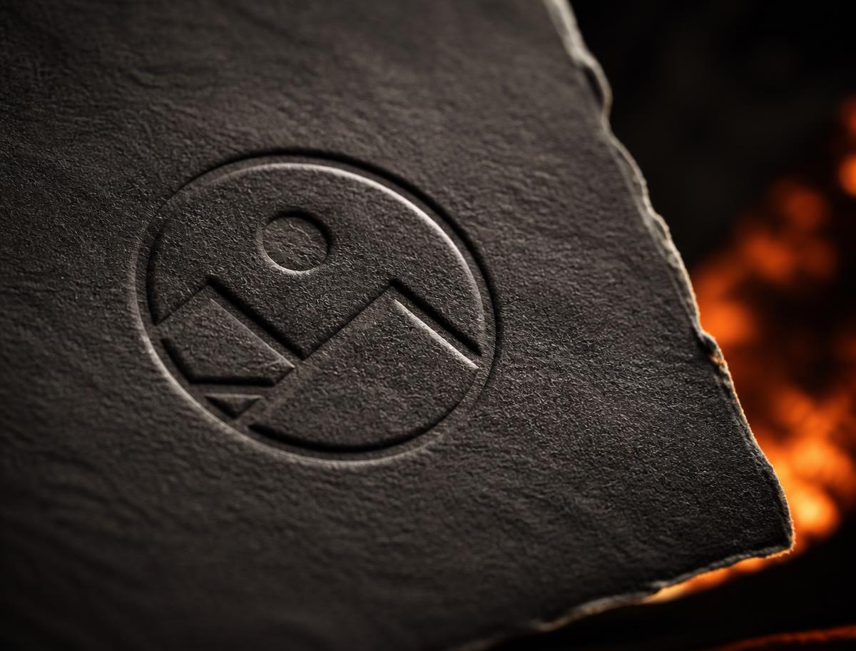 Blind embossed mark raised on thick charcoal specialty paper