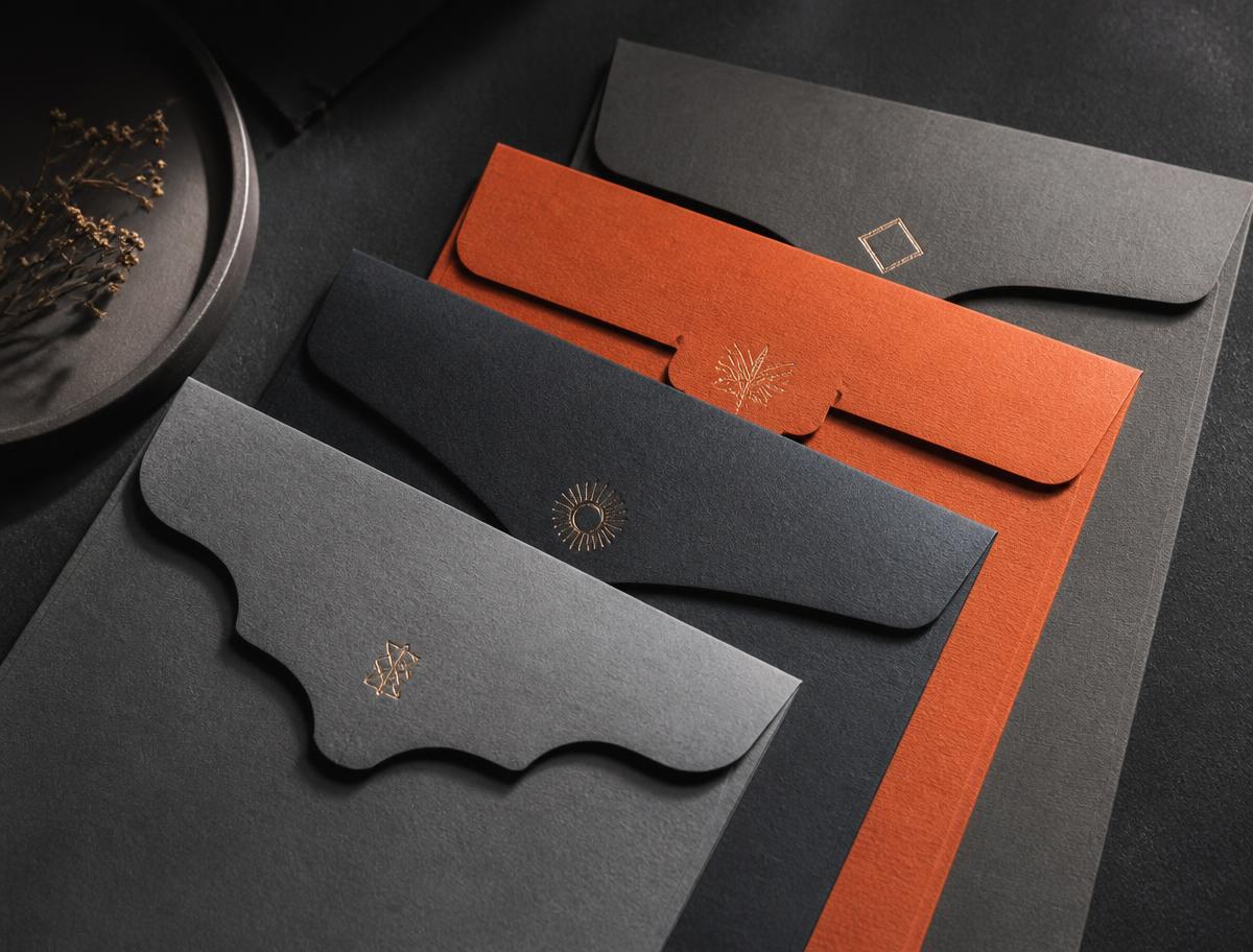 Premium brand envelopes with die-cut flaps and foil-stamped seals on a dark surface
