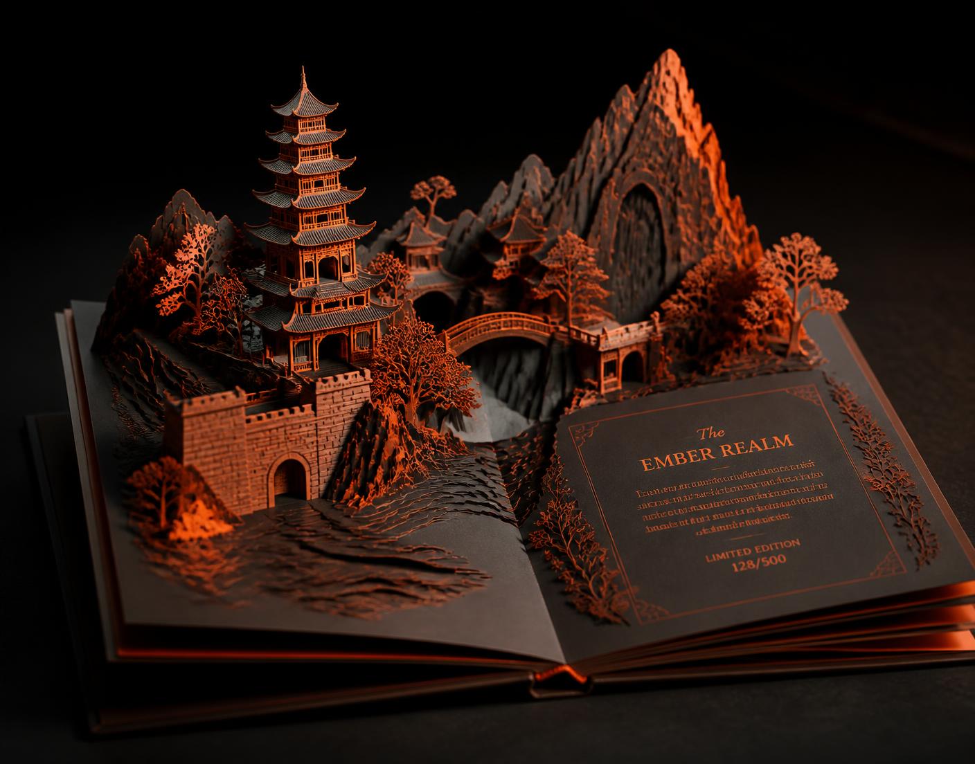 Open limited-edition pop-up book with laser die-cut paper architecture lit by warm ember light
