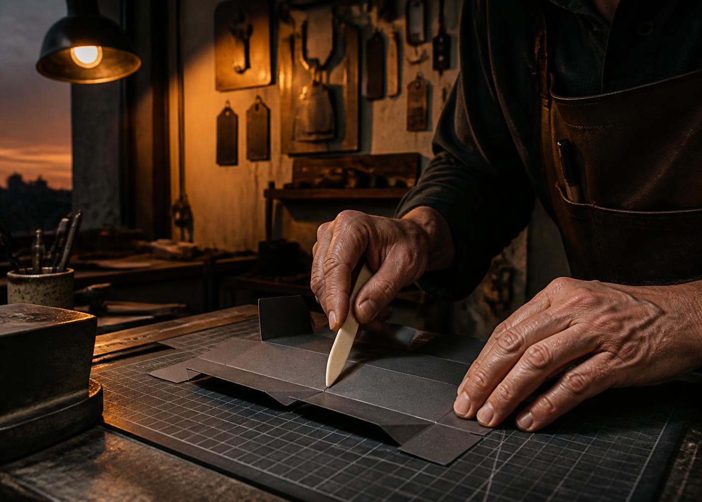 Artisan scoring and folding specialty paper on a cutting mat in a dim workshop at dusk